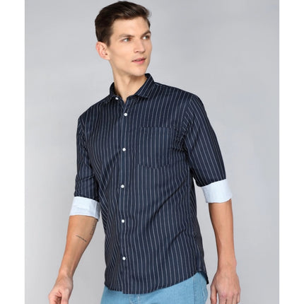 Rosolly Men's Casual Viscose Rayon Striped Full Sleeve Collar Shirt (Light Blue)