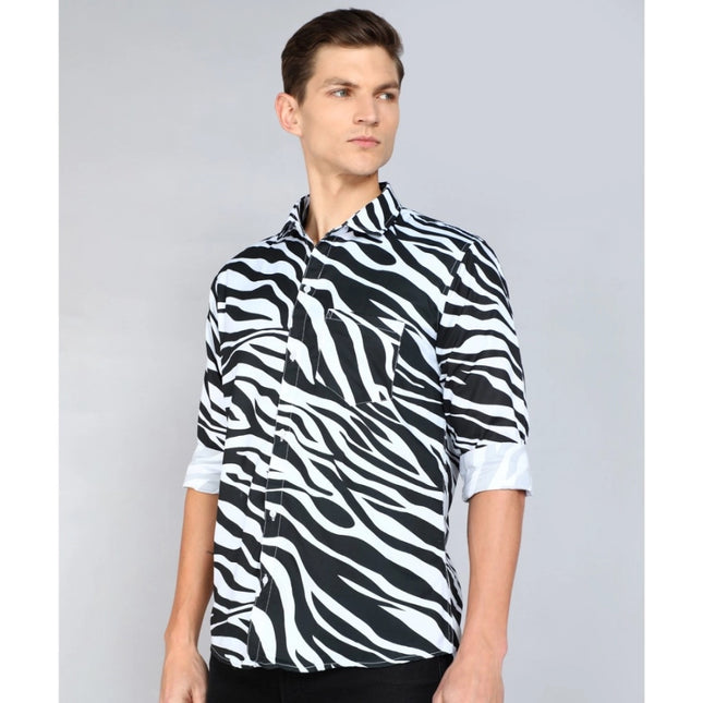 Rosolly Men's Casual Viscose Rayon Striped Full Sleeve Collar Shirt (Black-White)