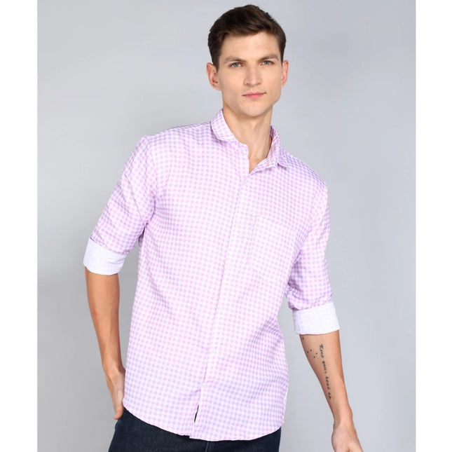 Rosolly Men's Casual Viscose Rayon Checkered Full Sleeve Collar Shirt (Purple-White)