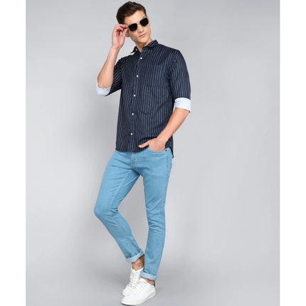 Rosolly Men's Casual Viscose Rayon Striped Full Sleeve Collar Shirt (Light Blue)