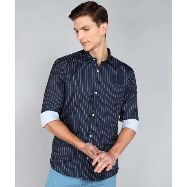 Rosolly Men's Casual Viscose Rayon Striped Full Sleeve Collar Shirt (Light Blue)