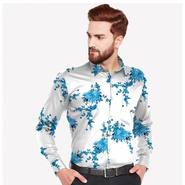 Rosolly Men's Casual Viscose Rayon Floral Print Full Sleeve Collar Shirt (Blue)