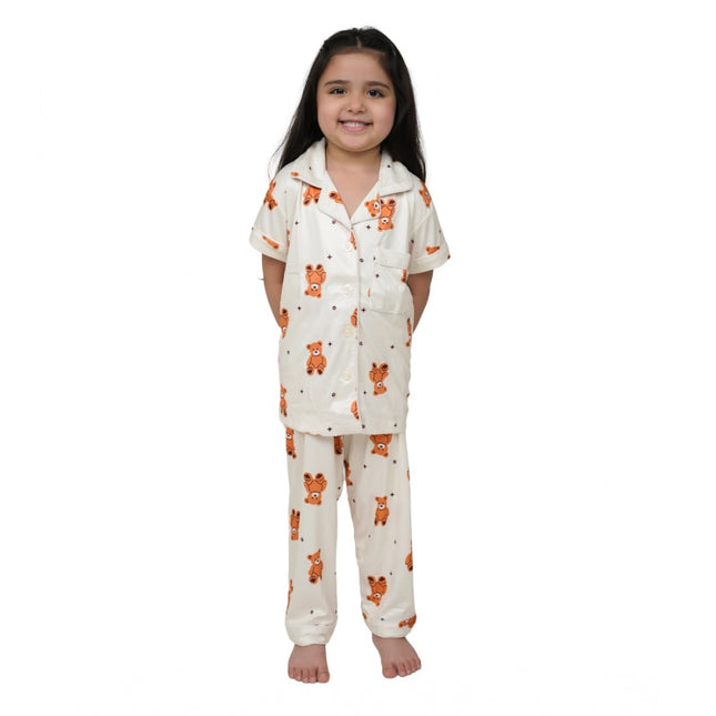 Rosolly Girl's Silk Bleand Printed Short Sleeve Night Suit Set (White)