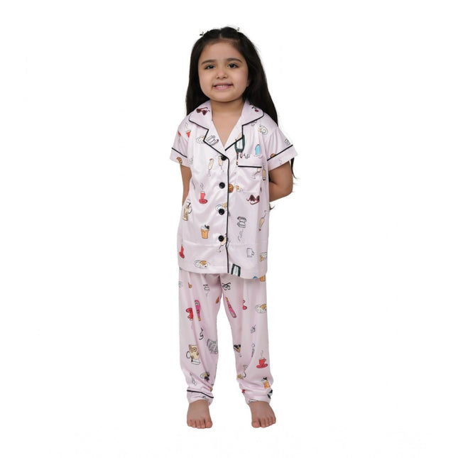 Rosolly Girl's Silk Bleand Printed Short Sleeve Night Suit Set (Light Pink)