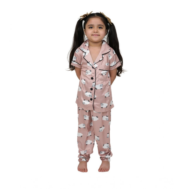 Rosolly Girl's Silk Bleand Printed Short Sleeve Night Suit Set (Brown)