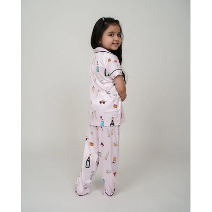 Rosolly Girl's Silk Bleand Printed Short Sleeve Night Suit Set (Light Pink)