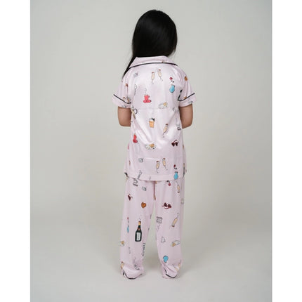 Rosolly Girl's Silk Bleand Printed Short Sleeve Night Suit Set (Light Pink)