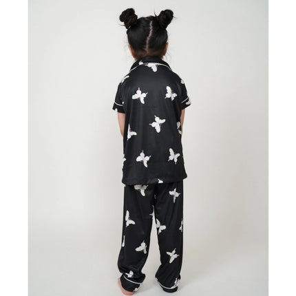 Rosolly Girl's Silk Bleand Printed Short Sleeve Night Suit Set (Black)