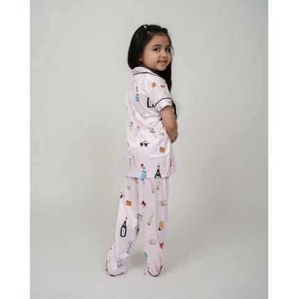 Rosolly Girl's Silk Bleand Printed Short Sleeve Night Suit Set (Creem)