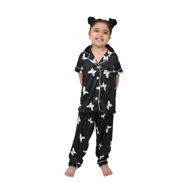 Rosolly Girl's Silk Bleand Printed Short Sleeve Night Suit Set (Black)