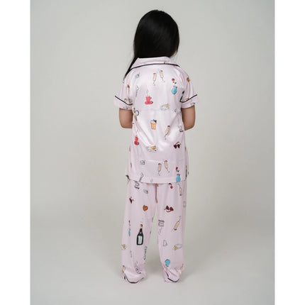 Rosolly Girl's Silk Bleand Printed Short Sleeve Night Suit Set (Creem)