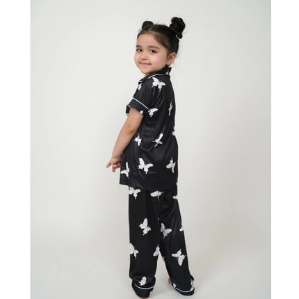 Rosolly Girl's Silk Bleand Printed Short Sleeve Night Suit Set (Black)