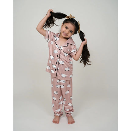 Rosolly Girl's Silk Bleand Printed Short Sleeve Night Suit Set (Brown)