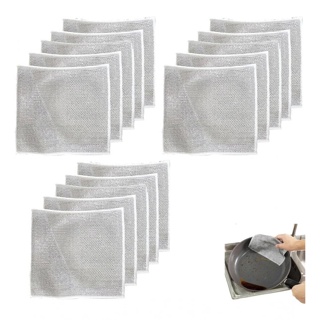 Rosolly 12Pcs Cotton Dishwashing Rag Wire Soft Scrubs (Silver)