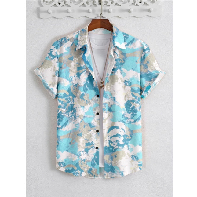 Rosolly Men's Popcon Lycra Printed Half Sleeve Shirt (Aqua Blue)
