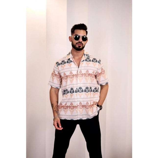 Rosolly Men's Linen Printed Half Sleeve Shirt (Cream Orange)