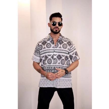 Rosolly Men's Linen Printed Half Sleeve Shirt (Black White)