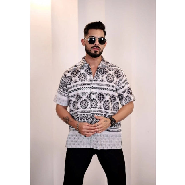 Rosolly Men's Linen Printed Half Sleeve Shirt (Black White)