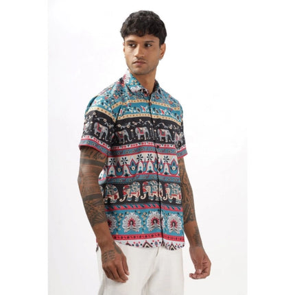 Rosolly Men's Linen Printed Half Sleeve Shirt (Multicolor)