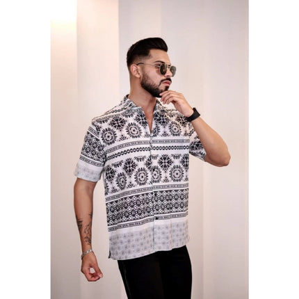 Rosolly Men's Linen Printed Half Sleeve Shirt (Black White)