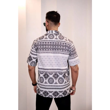 Rosolly Men's Linen Printed Half Sleeve Shirt (Black White)