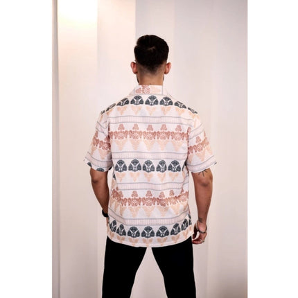 Rosolly Men's Linen Printed Half Sleeve Shirt (Cream Orange)
