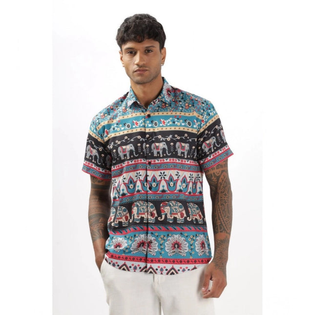 Rosolly Men's Linen Printed Half Sleeve Shirt (Multicolor)
