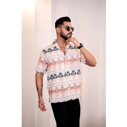 Rosolly Men's Linen Printed Half Sleeve Shirt (Cream Orange)