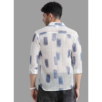 Rosolly Men's Cotton Knit Printed Full Sleeve Shirt (White Blue)