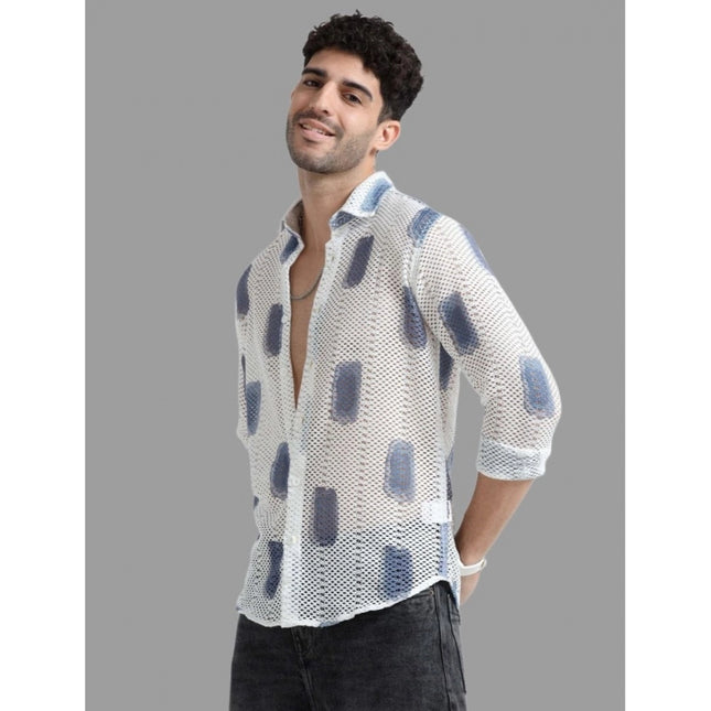 Rosolly Men's Cotton Knit Printed Full Sleeve Shirt (White Blue)