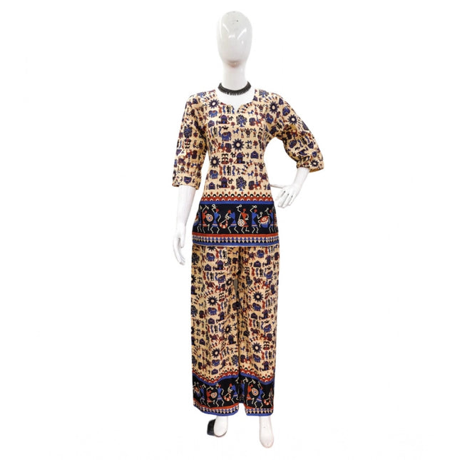 Rosolly Women's Cotton Jaipuri Printed 3-4th Sleeve Co ord Set (Multicolor)