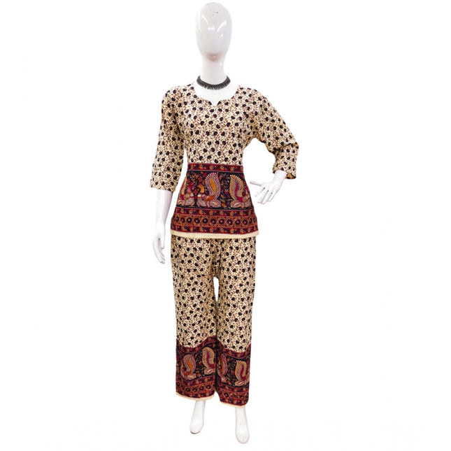Rosolly Women's Cotton Jaipuri Printed 3-4th Sleeve Co ord Set (Multicolor)