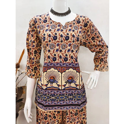 Rosolly Women's Cotton Jaipuri Printed 3-4th Sleeve Co ord Set (Multicolor)
