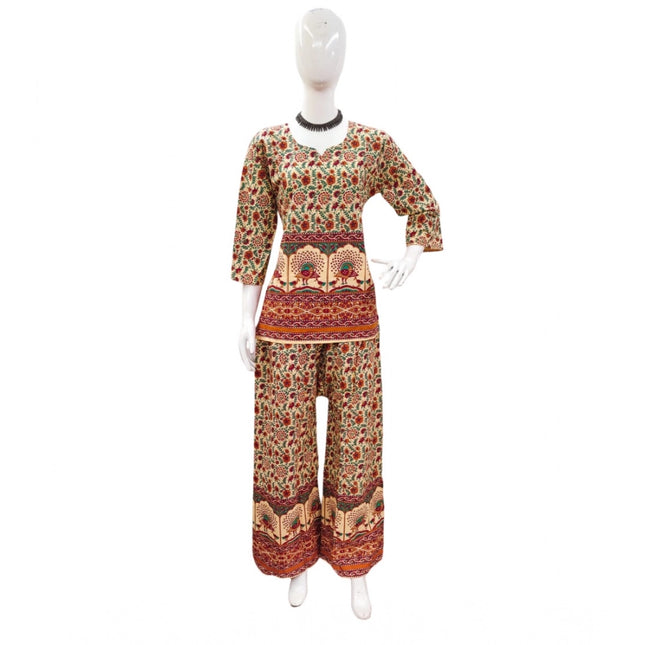 Rosolly Women's Cotton Jaipuri Printed 3-4th Sleeve Co ord Set (Multicolor)