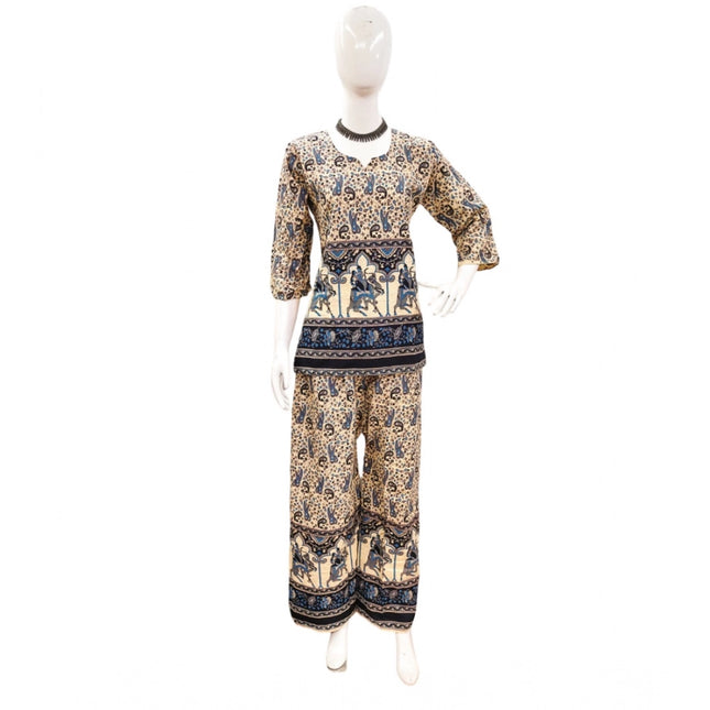 Rosolly Women's Cotton Jaipuri Printed 3-4th Sleeve Co ord Set (Multicolor)