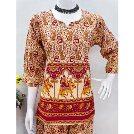 Rosolly Women's Cotton Jaipuri Printed 3-4th Sleeve Co ord Set (Multicolor)