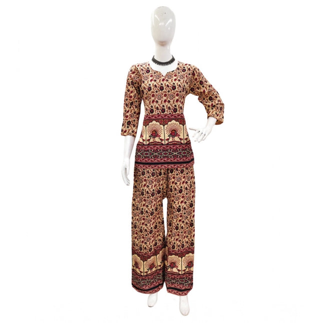 Rosolly Women's Cotton Jaipuri Printed 3-4th Sleeve Co ord Set (Multicolor)