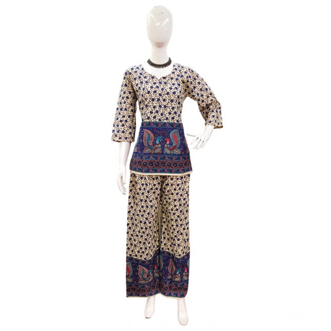 Rosolly Women's Cotton Jaipuri Printed 3-4th Sleeve Co ord Set (Multicolor)