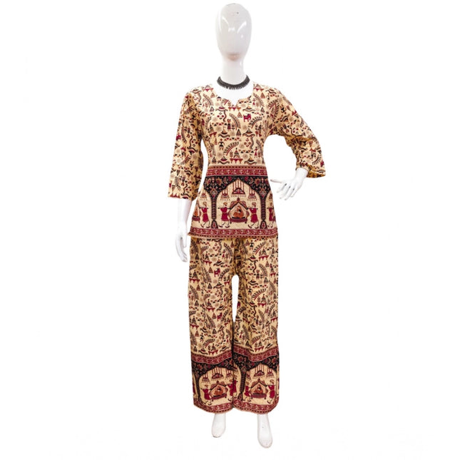 Rosolly Women's Cotton Jaipuri Printed 3-4th Sleeve Co ord Set (Multicolor)