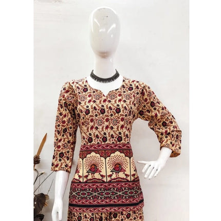 Rosolly Women's Cotton Jaipuri Printed 3-4th Sleeve Co ord Set (Multicolor)