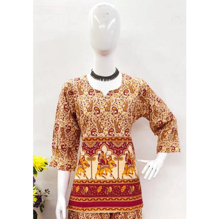 Rosolly Women's Cotton Jaipuri Printed 3-4th Sleeve Co ord Set (Multicolor)