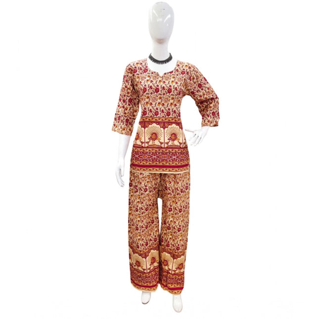 Rosolly Women's Cotton Jaipuri Printed 3-4th Sleeve Co ord Set (Multicolor)