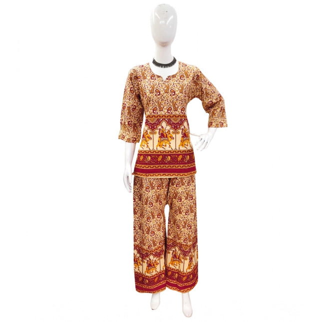 Rosolly Women's Cotton Jaipuri Printed 3-4th Sleeve Co ord Set (Multicolor)