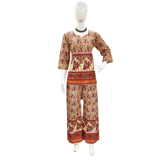 Rosolly Women's Cotton Jaipuri Printed 3-4th Sleeve Co ord Set (Multicolor)