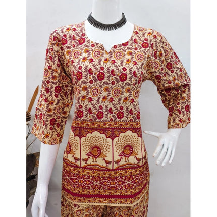Rosolly Women's Cotton Jaipuri Printed 3-4th Sleeve Co ord Set (Multicolor)