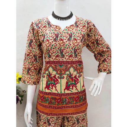 Rosolly Women's Cotton Jaipuri Printed 3-4th Sleeve Co ord Set (Multicolor)