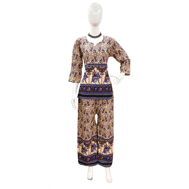 Rosolly Women's Cotton Jaipuri Printed 3-4th Sleeve Co ord Set (Multicolor)