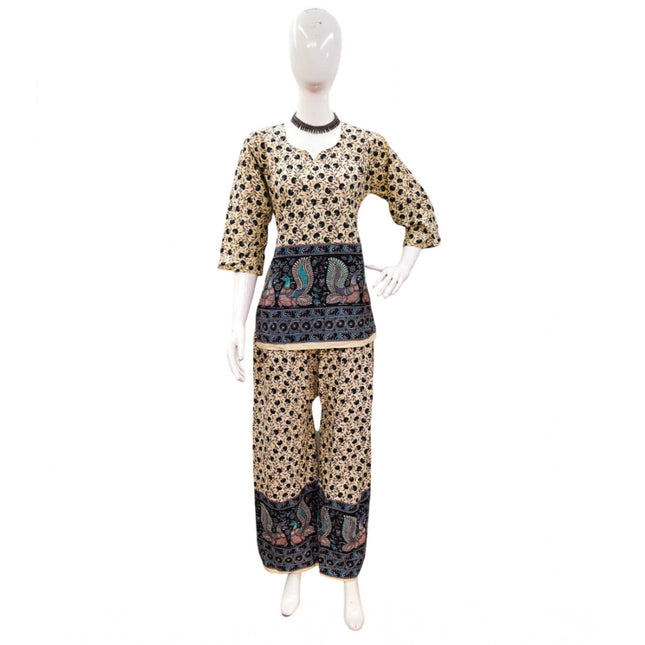 Rosolly Women's Cotton Jaipuri Printed 3-4th Sleeve Co ord Set (Multicolor)