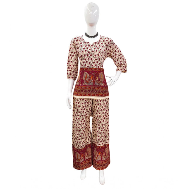 Rosolly Women's Cotton Jaipuri Printed 3-4th Sleeve Co ord Set (Multicolor)